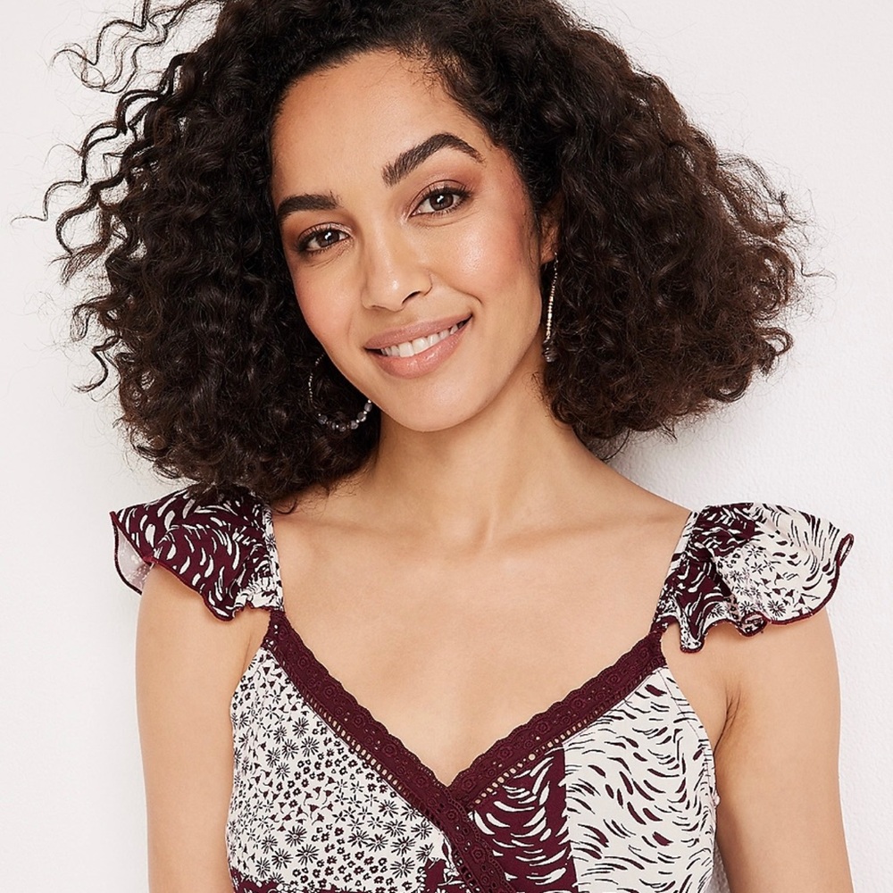 Mixed Print Flutter Cap Sleeve Midi Dress